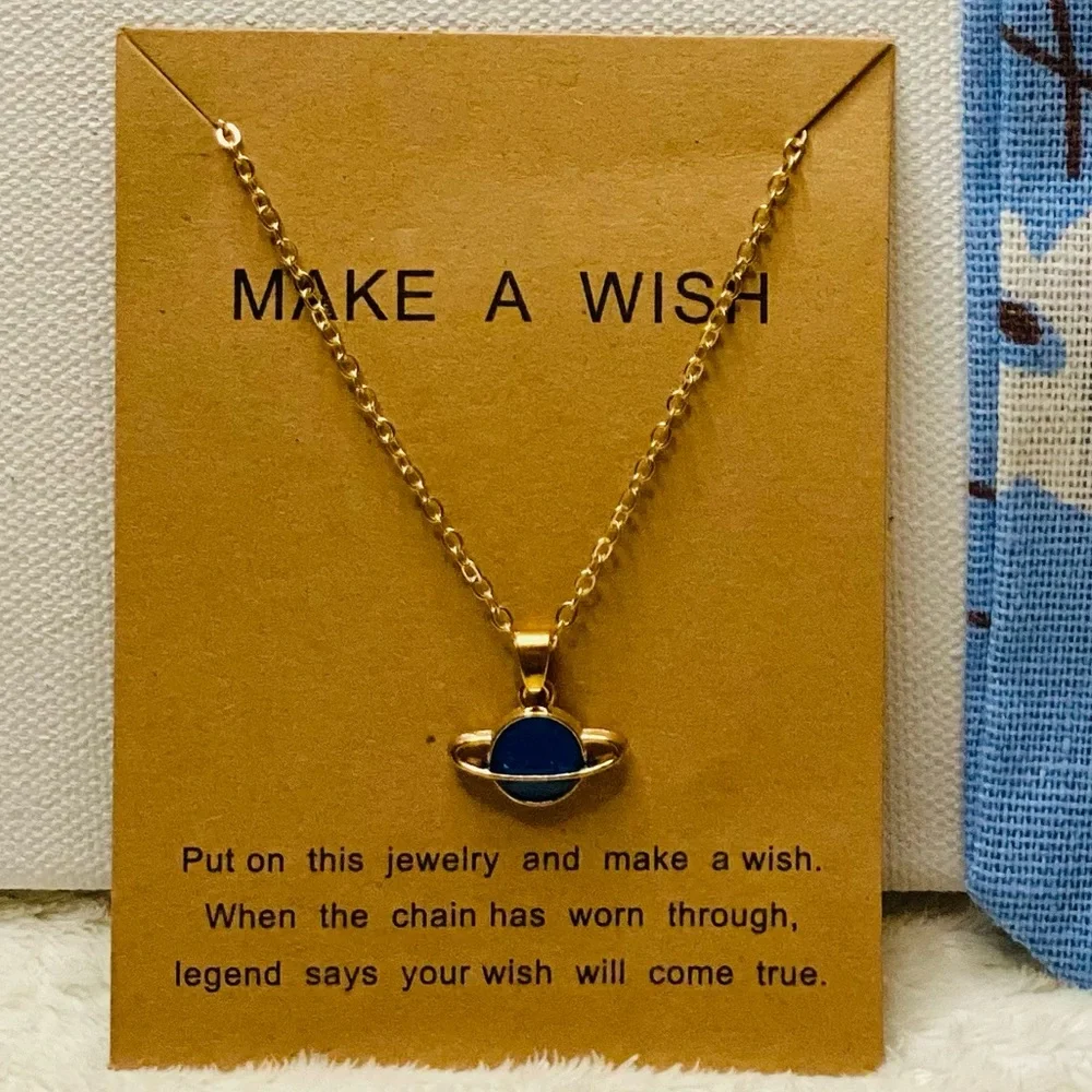 Planet Saturn Necklace ~ outer space w Make a Wish card solar system sky